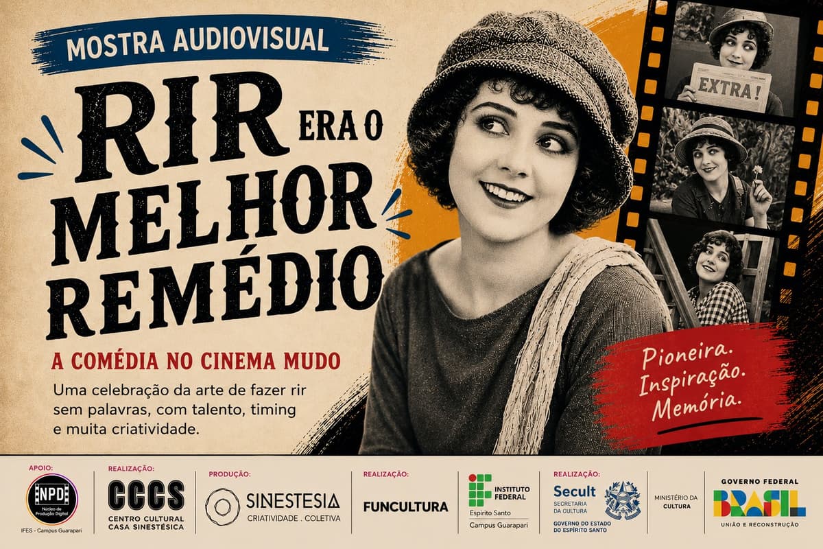 Cartaz da Mostra Audiovisual Rir era o Melhor Remédio no Ifes Guarapari — comédia no cinema mudo com homenagem a Mabel Normand