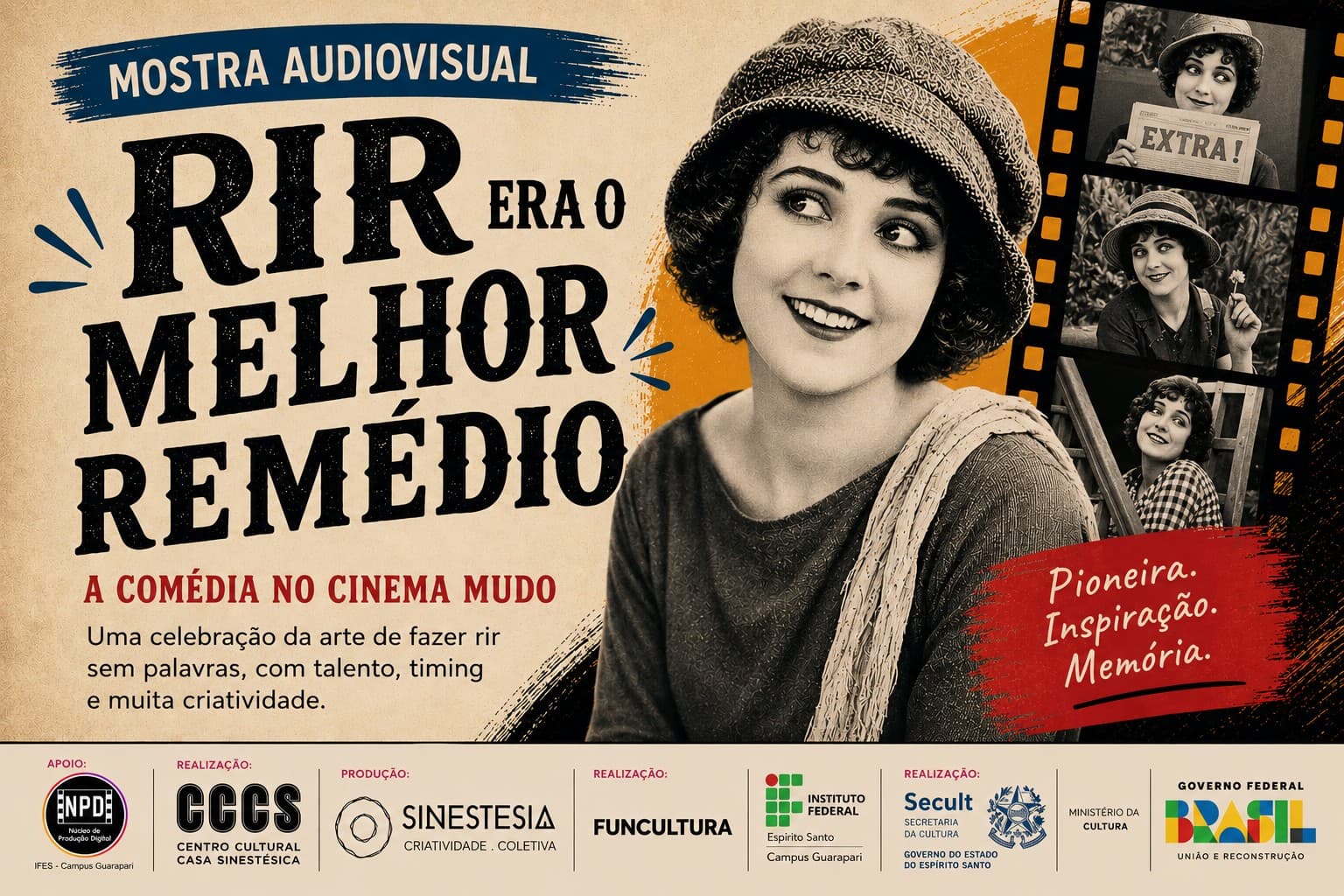 Cartaz da Mostra Audiovisual Rir era o Melhor Remédio no Ifes Guarapari — comédia no cinema mudo com homenagem a Mabel Normand