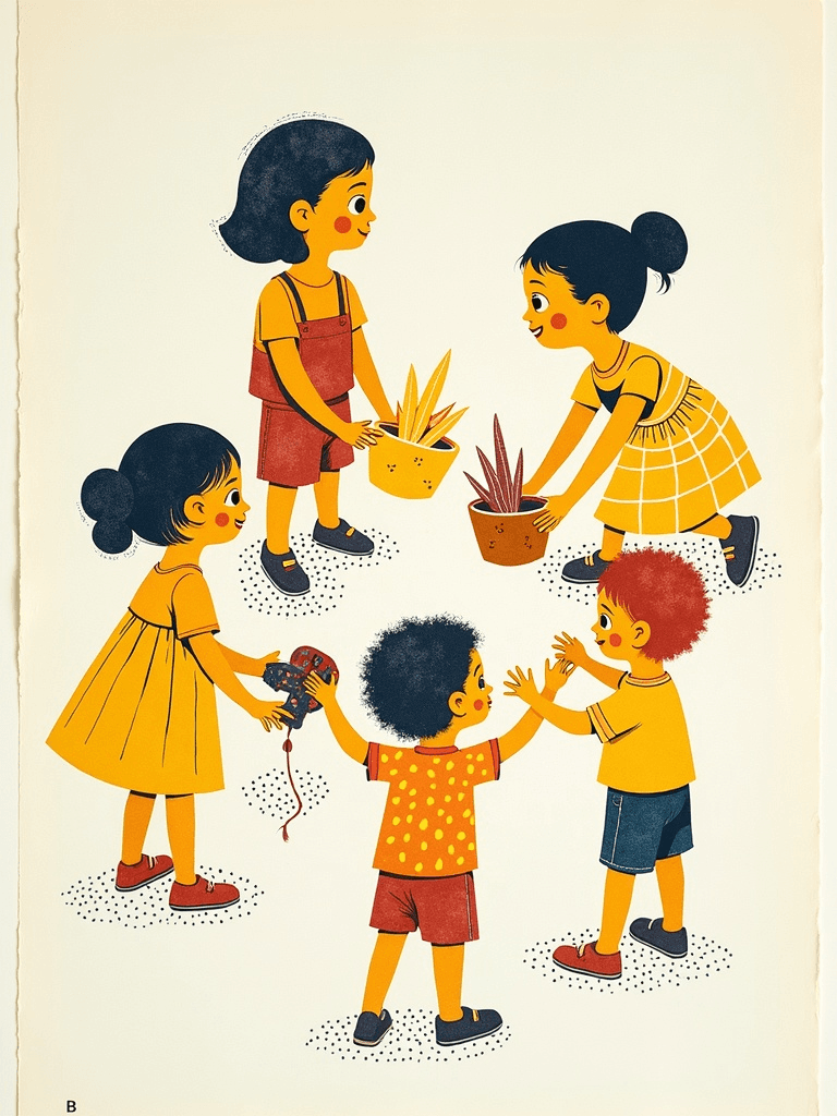 Ilustração de crianças em roda de brincadeira com materiais artísticos