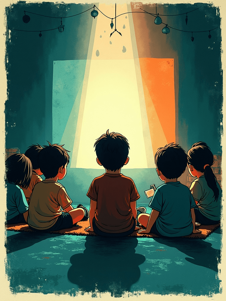 Ilustração de crianças assistindo a um cineclube comunitário