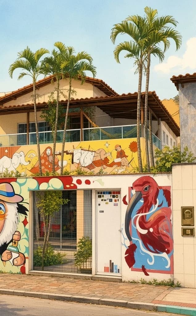 Ilustração editorial da fachada da Casa Sinestésica: murais e grafites na Praia do Morro, Guarapari.